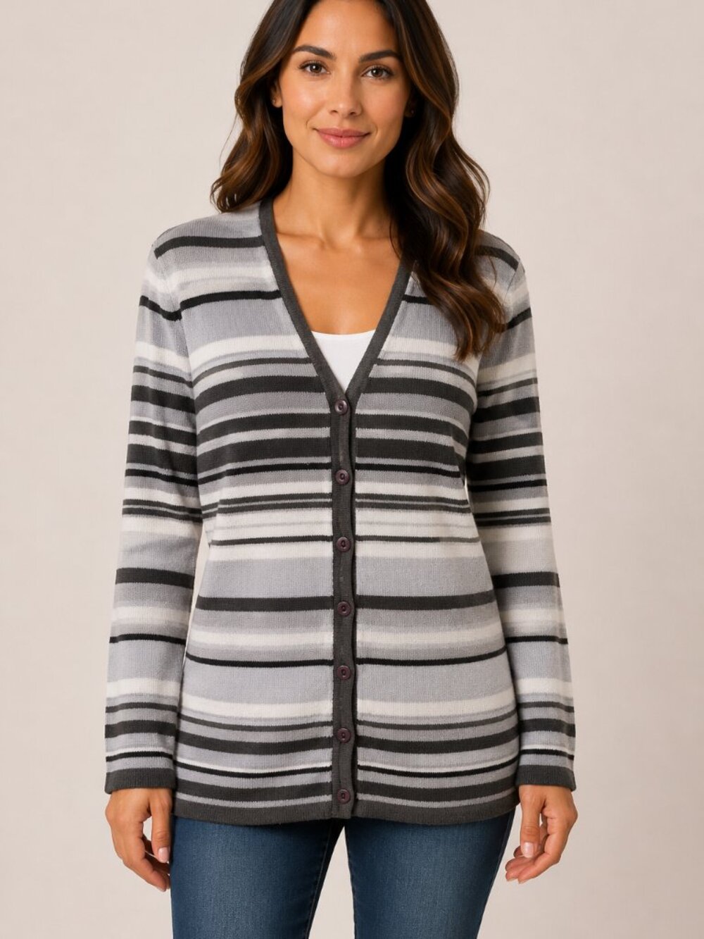 Emma James M Striped V Neck Button Cardigan Gray Black Lightweight Knit